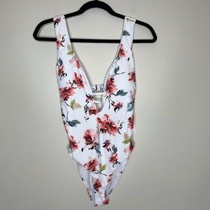 Lucky Brand Floral Cordevalle Plunge Swimsuit S